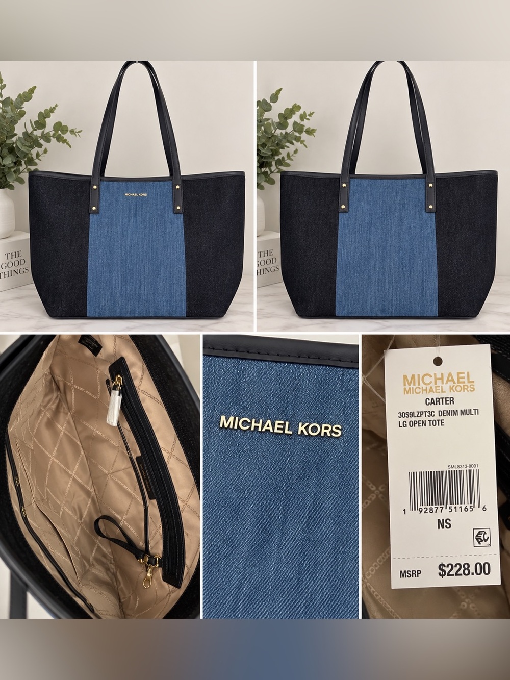 Michael Kors Carter Denim Center Panel Tote - Blue and Black